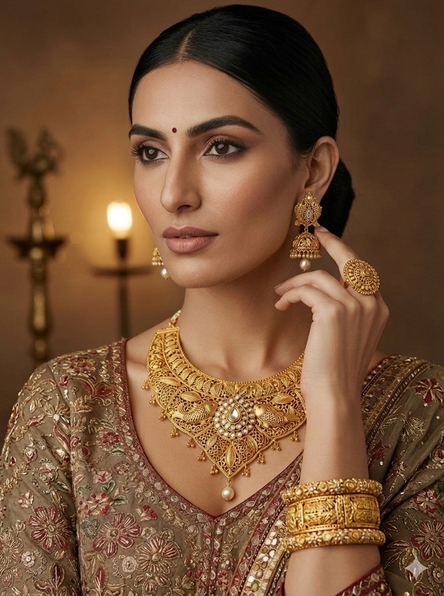 model wearing gold jewellery